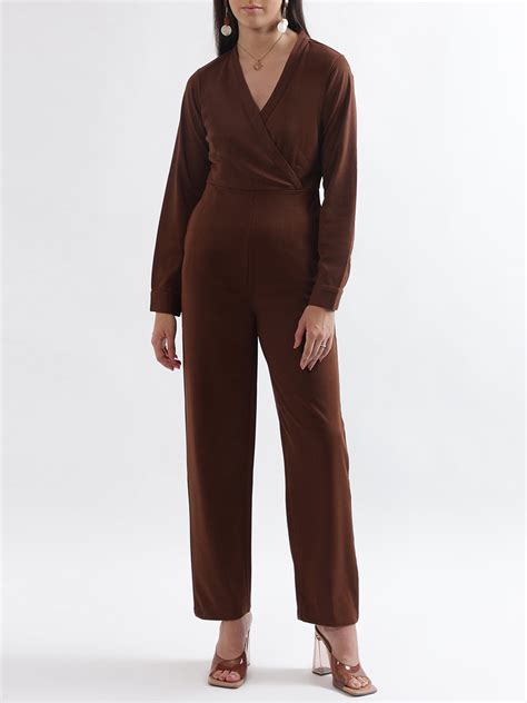 Shop Centre Stage Women Brown Solid V Neck Jumpsuit Online – Iconic India