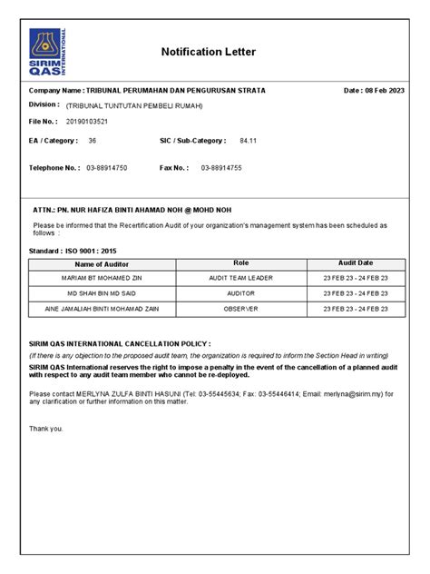 Image result for Notification Letter Sample