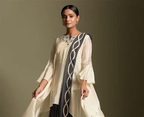 Off White Sequins Work Crepe Kurta with Dhoti and Attached Dupatta ...