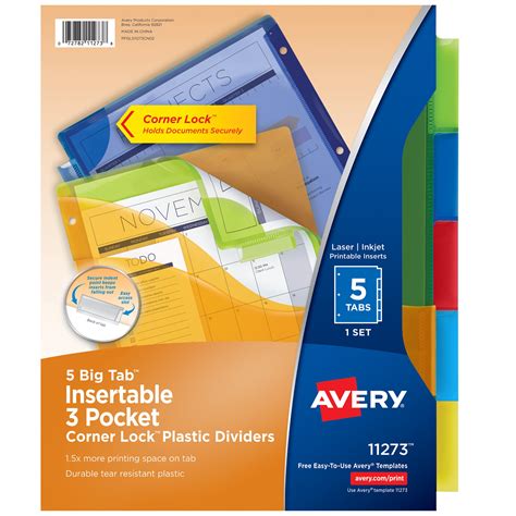 Avery Big Tab Dividers for 3 Ring Binders, 5-Tab Set, Three-Pocket ...