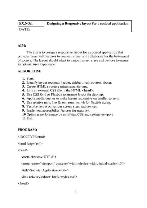 EX.NO:1 Responsive Layout Design for Societal App - UI-UX Record - Studocu