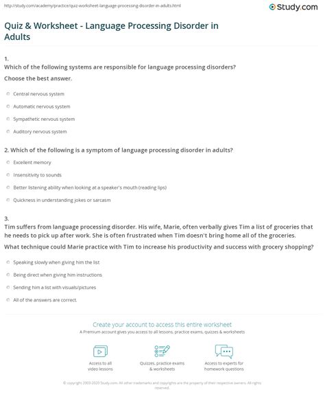 Quiz & Worksheet - Language Processing Disorder in Adults | Study.com