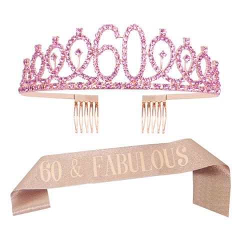 60th Birthday Decorations Tiara & Sash Rose Gold Rhinestone Crown ...