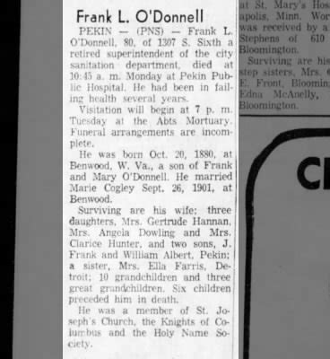 Frank Lawrence O'Donnell obituary The Pantagraph 28 February 1961 ...