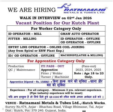 Ratnamani Metals & Tubes Recruitment 2026: Walk-in Interview for Kutch ...