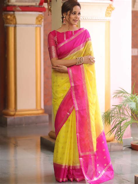 Banarasee Cotton Silk Mix Kota Checks Saree With Zari Design-Yellow