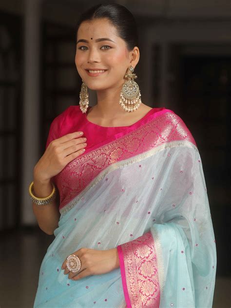Banarasee Handloom Mirror Work Dupion Saree With Contrast Border-Light