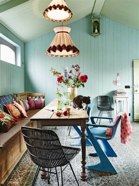 Bohemian Dining Area with Vintage Furniture and Cute Black and White ...