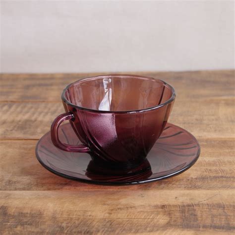 フランス ヴィンテージ 食器 Vereco ガラス ティーカップ ソーサー パープル アメジスト 紫 #230715-1~7 Duralex ...