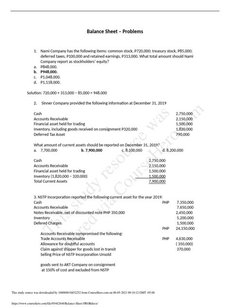 Image result for Balance Sheet Practice Problems