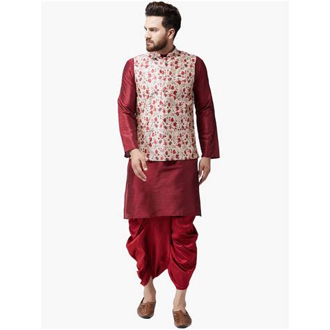 Buy SOJANYA Dupion Silk Maroon Kurta Dhoti And Printed Nehru Jacket ...