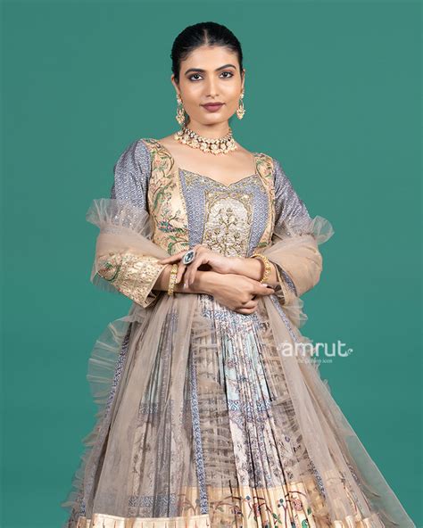 Pastel Beige Floral Embroidered Gown with Dupatta – AMRUT