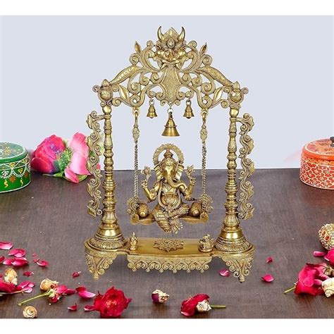 Brass Lord Ganesha Swing with Three Bells Idol Figurine Showpiece Home ...