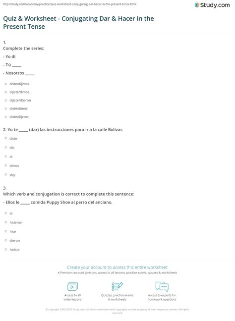 Quiz & Worksheet - Conjugating Dar & Hacer in the Present Tense | Study.com