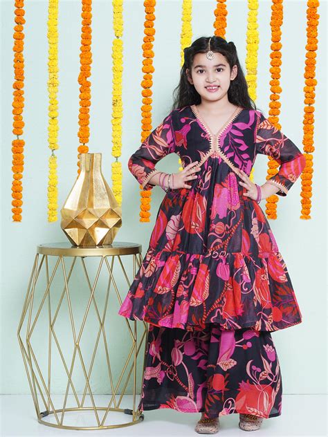 Girls Floral Printed Empire Gotta Patti Kurta with Sharara
