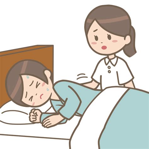 看護師が苦痛表情を浮かべる患者さんの背中をさすっているイラスト🎨【フリー素材】｜看護roo![カンゴルー]