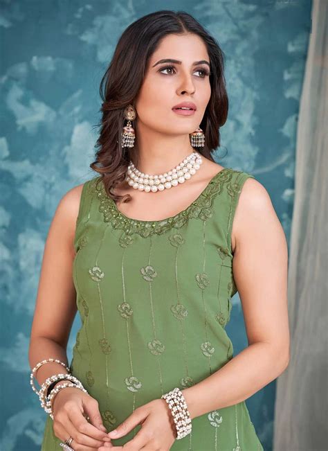 Green Pakistani Georgette Sharara For Indian Festivals