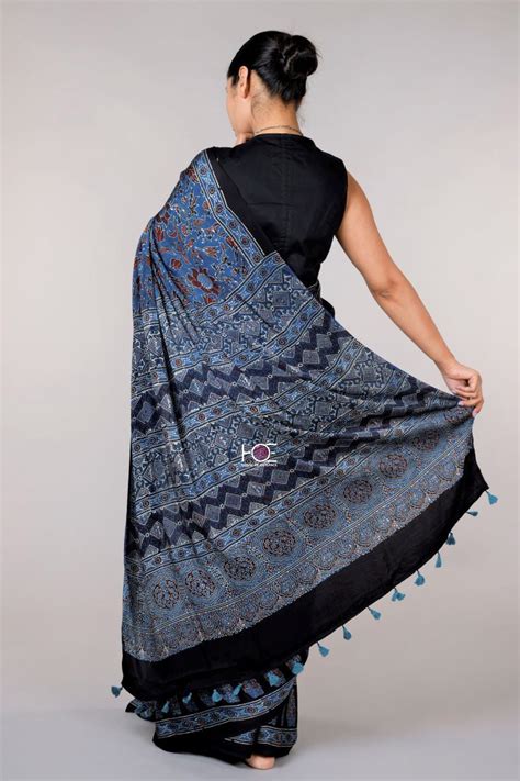 Indigo Flora Jaal Modal Silk Ajrakh Saree: House Of Elegance – House Of ...
