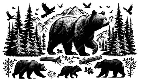 Silhouette of bears in mountain forest black and white vector illustration wildlife poster ...