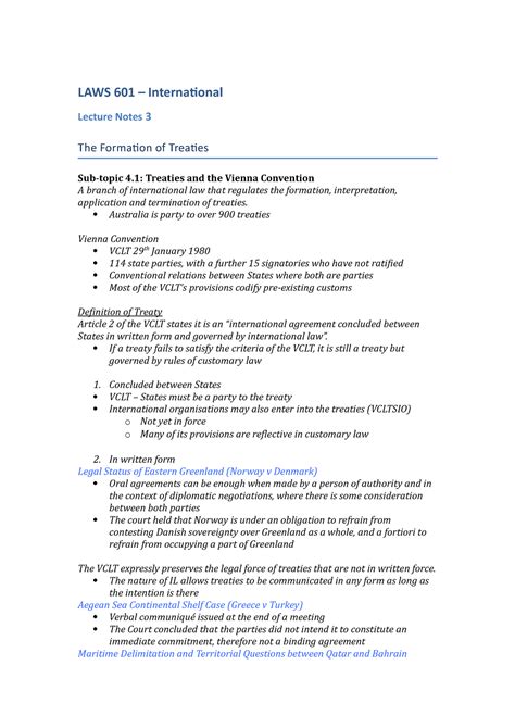 Topic 4 - Formation of Treaties - LAWS 601 – International Lecture Notes 3 The Formation of ...