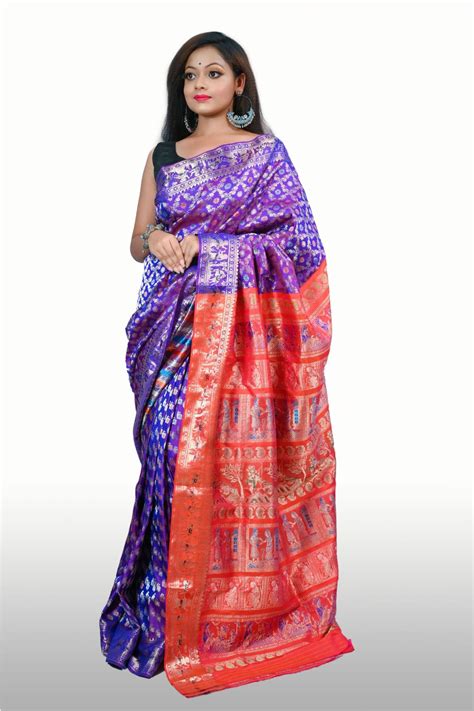 Royal Blue and Orange Handwoven Silk Baluchari saree with Blouse Piece ...