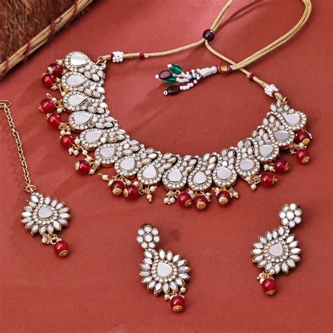 Sukkhi Gold Plated Red Mirror & Pearl Choker Necklace Set for Women ...