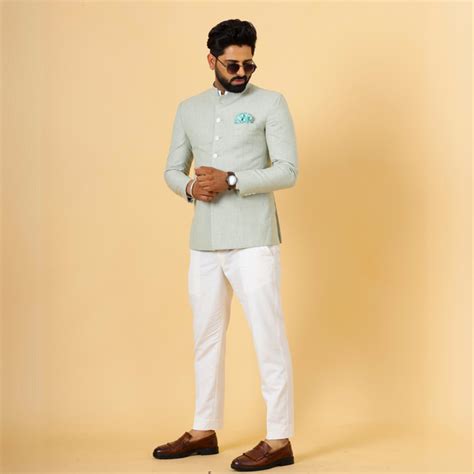 Bespoke Tea Green Linen Jodhpuri Bandhgala Suit For Men | White Trouse ...
