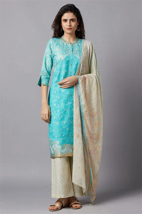 Buy Blue Yarn-Dyed kurta White Flared Palazzo and Dupatta Set Online ...