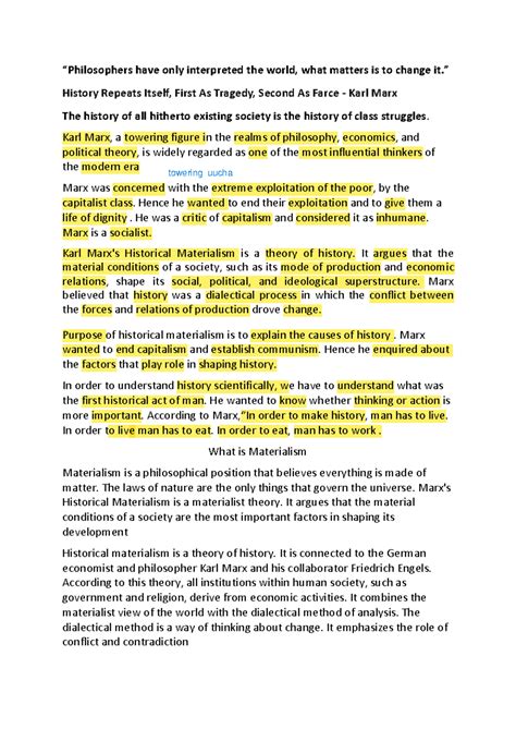 Karl Marx historical Materialism - “Philosophers have only interpreted ...