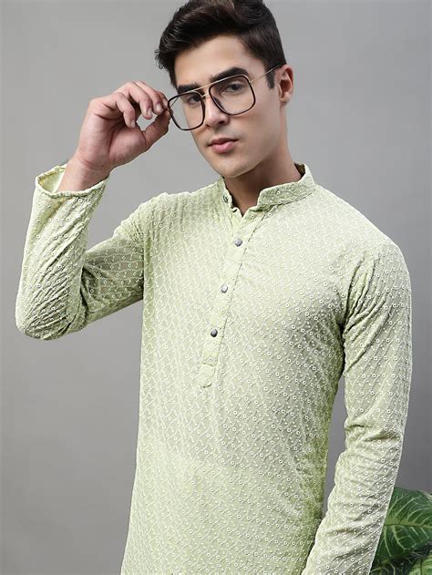 Jompers Men Green Chikan Kurta Only