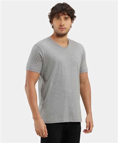 Buy Super Combed Cotton Rich Solid V Neck Half Sleeve T-Shirt - Grey ...