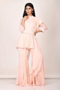 Buy Pink Georgette Embroidered Pearl Work High Neck Kurta Sharara Set ...