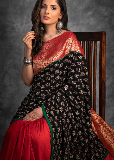 Exclusive block printed saree with Benarasi combination & cotton silk ...