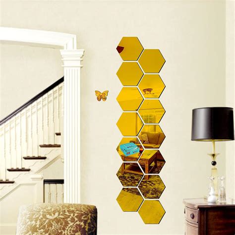 Buy BEST DECOR 14 Hexagon with 20 Butterfly Golden 3D Acrylic Mirror ...