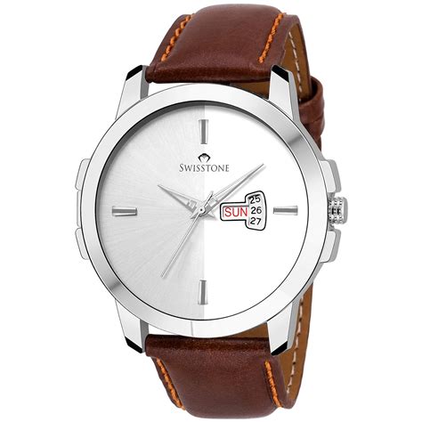 SWISSTONE Wt385-Slv-Brw Brown Leather Strap Wrist Analog Watch For Men ...