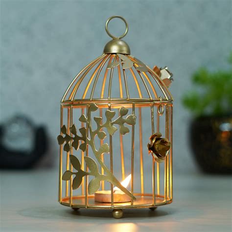 eCraftIndia Golden Metal Bird Cage With Floral Vine Decorative Hanging