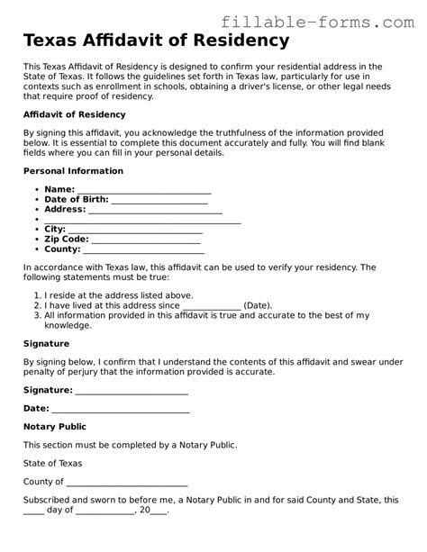 Texas Affidavit of Residency Forms - Printable Template