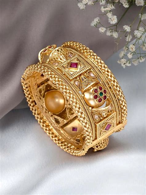 Stylish Statement Stone Studded Kada - Gold – Peora