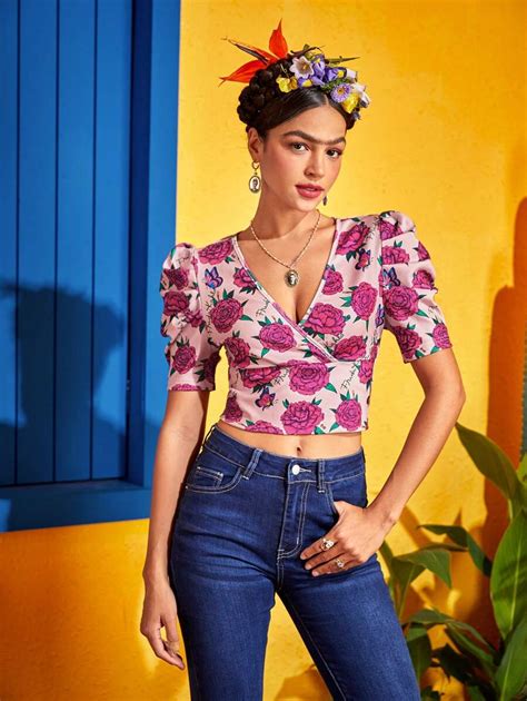 Frida Kahlo X SHEIN Resort Style Allover Floral Print Surplice Neck ...