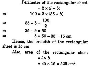 The perimeter of a rectangular sheet is 100 cm. If the length is 35 cm ...