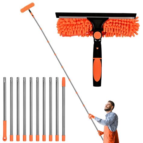 20+ Feet Reach 2 in 1 Rotatable Window Washing Squeegee & Duster with 3 ...