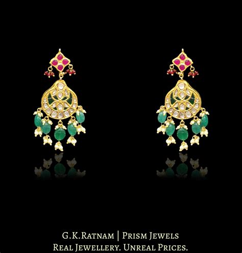 23k Gold and Diamond Polki boat-style Choker Necklace Set with Green B ...