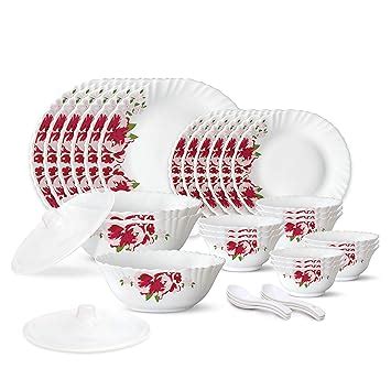 Larah by Borosil Rose Red Silk Series Opalware Dinner Set | 35 Pieces ...