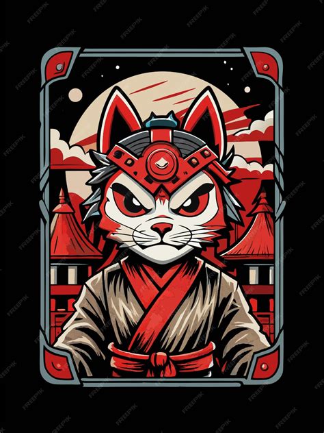 Comic panel neko samurai dark themed with red and white color scheme ...