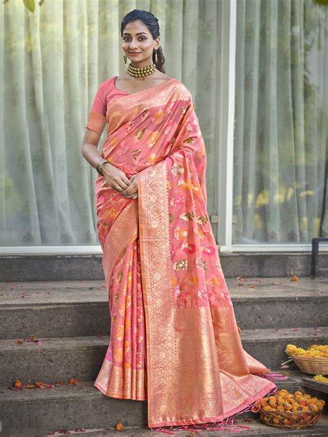 Buy Pink Organza Saree With Blouse Piece online-Karagiri