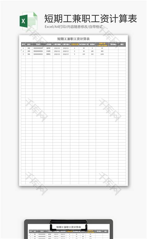 短期工兼职工资计算表Excel模板_千库网(excelID：148417)