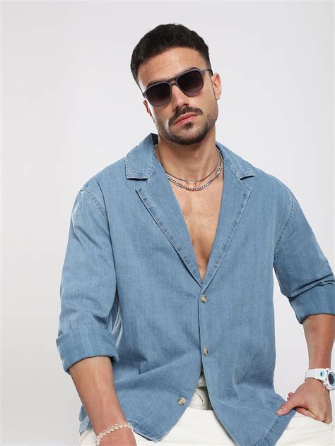 Denim Breeze Horizon Textured Notched Lapel Collar Oversized Shirt ...