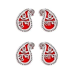 eCraftIndia White & Red Buta or Paisley Shaped Wooden Shubh Labh with ...