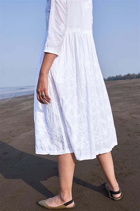 Buy Okhai Shanza Embroidered Pure Cotton White Chikankari Dress Online ...