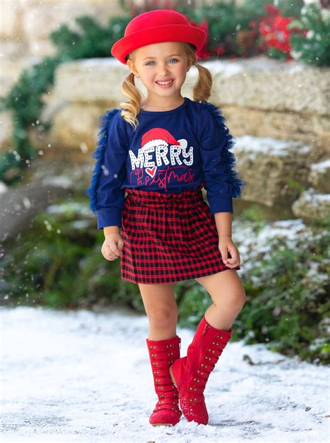 "Merry Christmas" Plaid Skirt Set - Mia Belle Girls